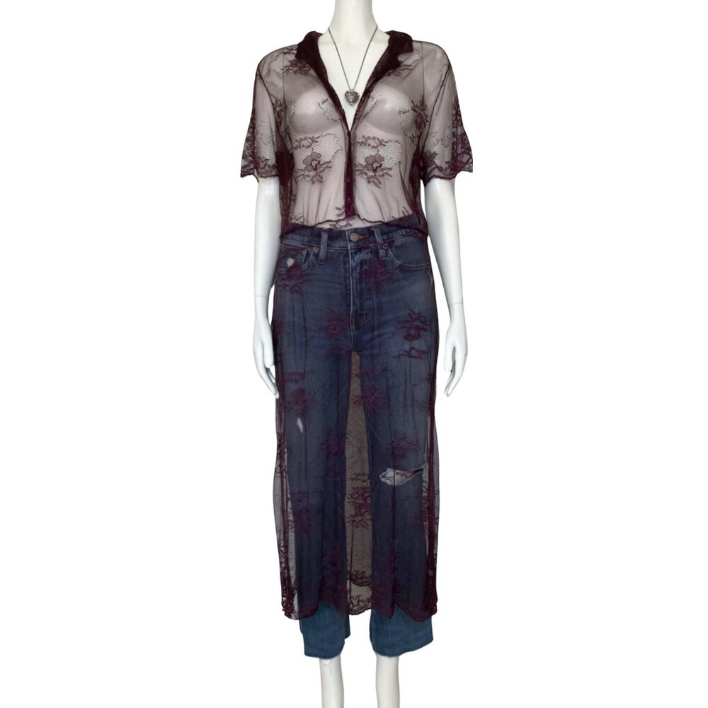 Laundry by Shelli Segal Purple Sheer Lace Duster Dress Sz 10 Whimsigoth Festival